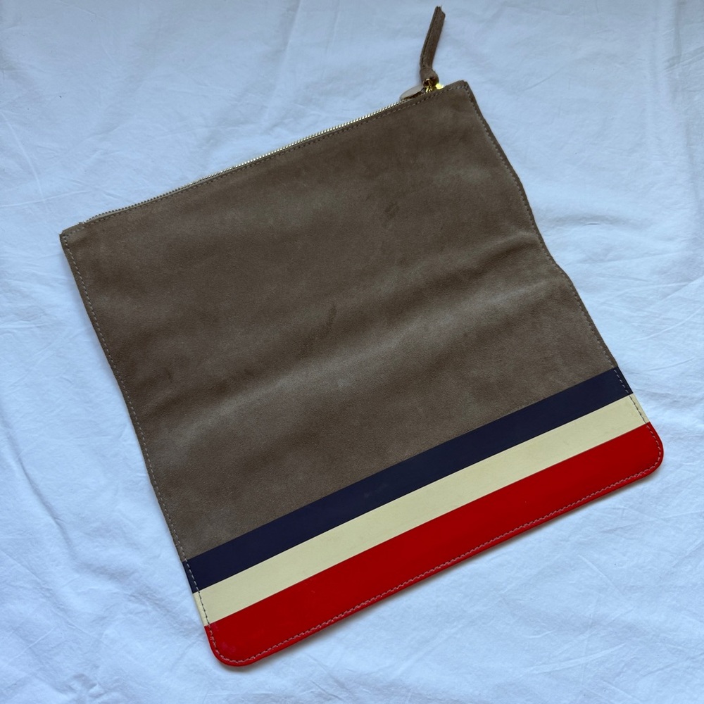 Clare V. Navy Blue, Red & White Stripe Leather Suede Clutch w/ Charm, Size M - Picture 2 of 5